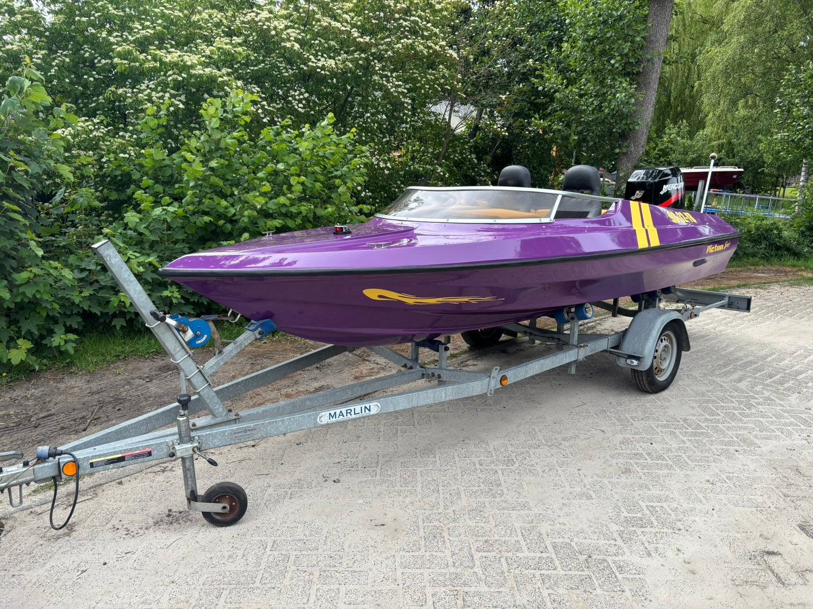 Picton sport speedboot paars met 75 pk mercury en trailer, Overige merken, Gebruikt, Buitenboordmotor, Biminitop