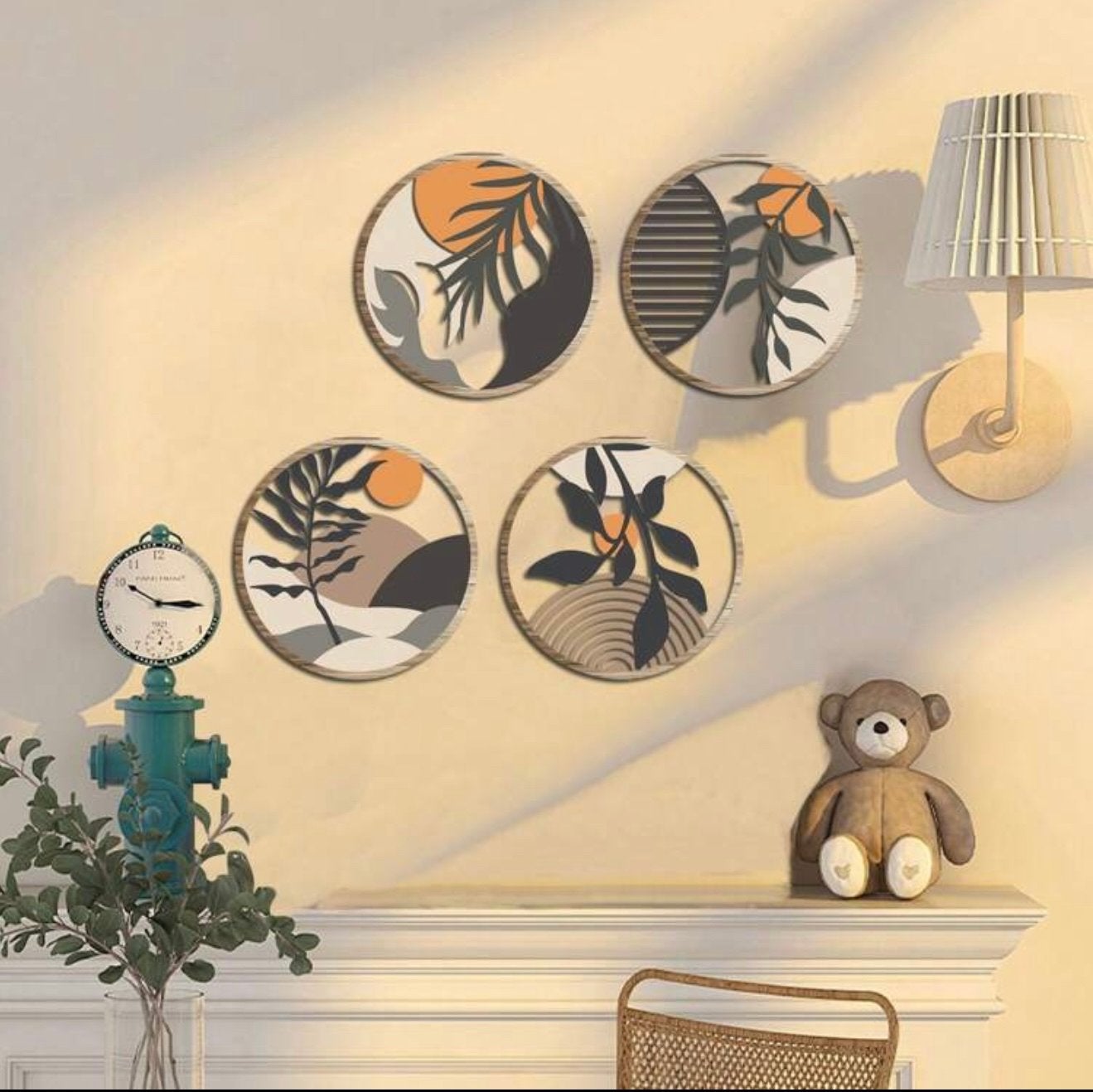Set van 4 Houten Wandhangers - Abstract Botanisch Design, Wandhanger, Hout, Meerkleurig, Nieuw