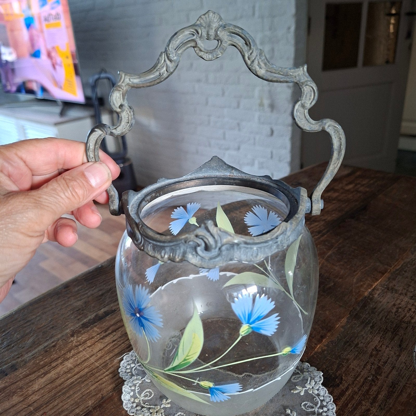 Koekjes  Pot Glas van Vroeger 16x11 met Hengsel 27 cm groot, Antiek en Kunst, Antiek | Glas en Kristal, Ophalen of Verzenden