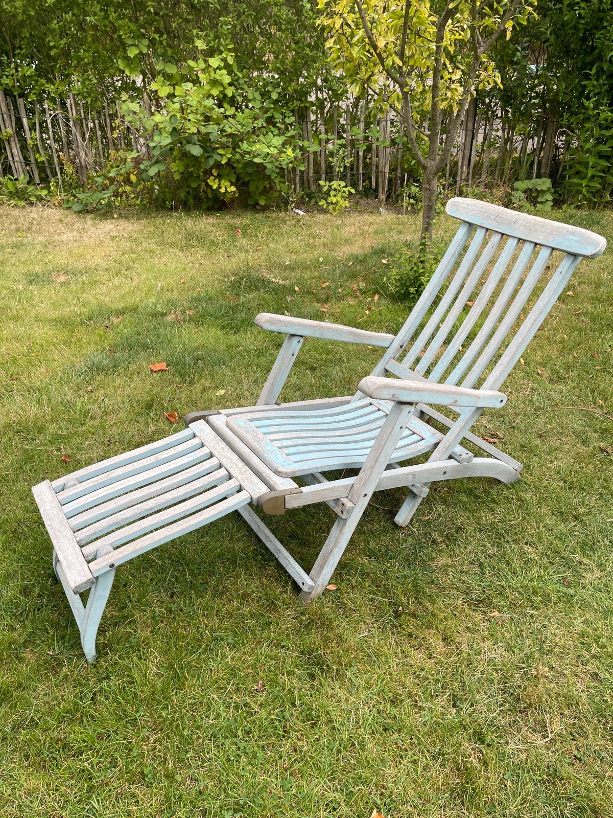 Brocante opklapbare ligstoel/tuinstoel met patina, Ophalen, Gebruikt, Hout, Inklapbaar