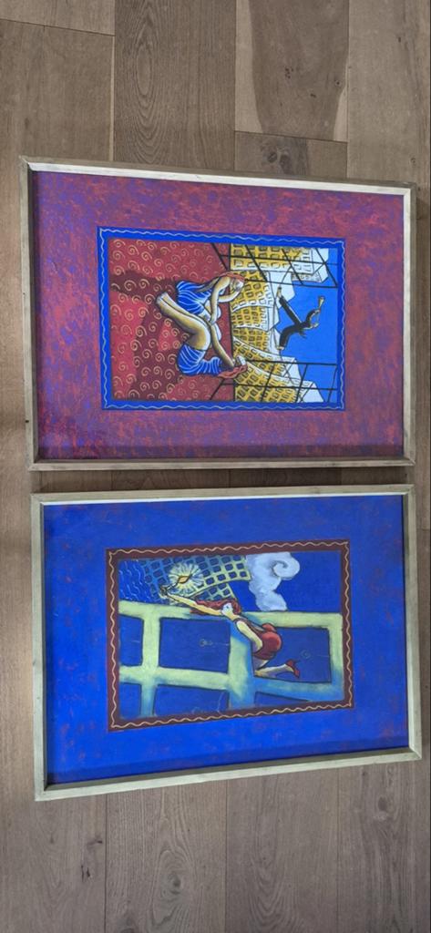 2x Pastel/papier tekeningen van Jacques Tange, gesigneerd, Ophalen