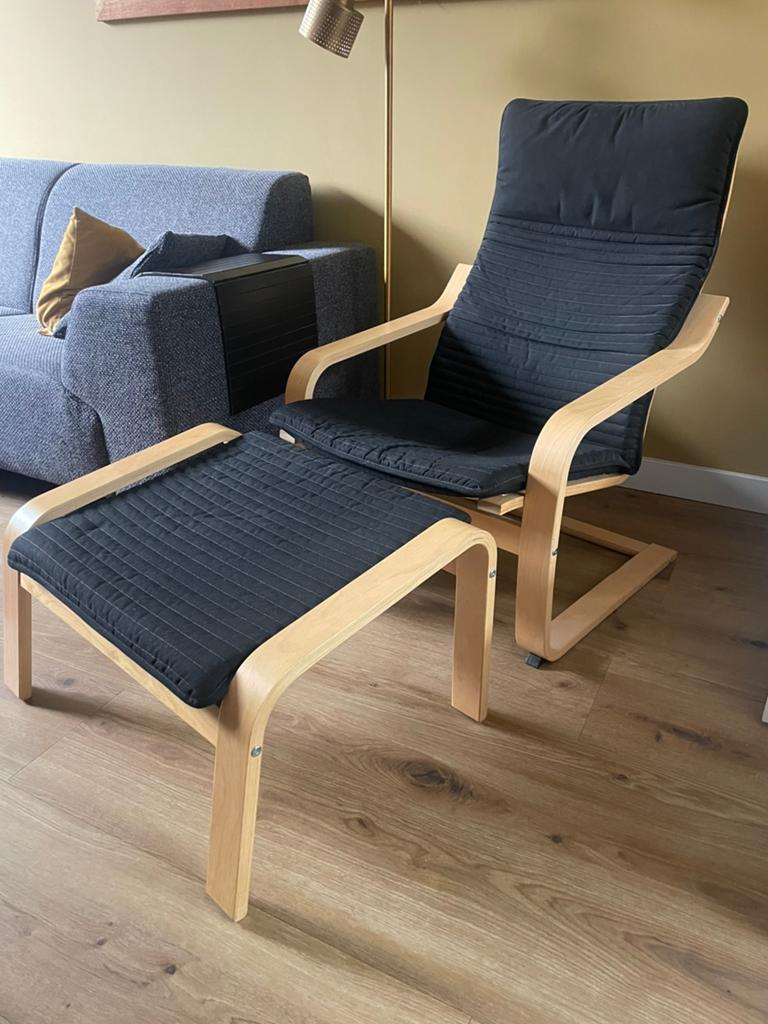 Ikea POÄNG Fauteuil met voetenbank, Ophalen, 75 tot 100 cm, Zo goed als nieuw, Stof