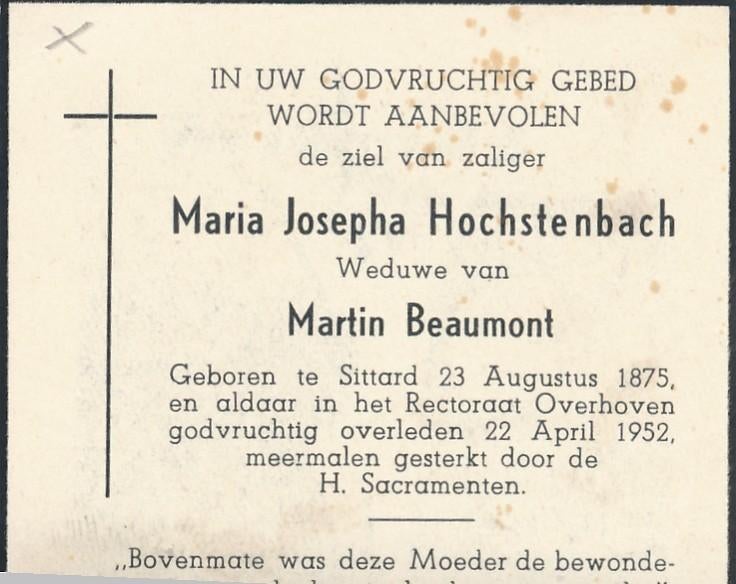 Sittard  1875-1952 Maria Josepha Hochstenbach / M. Beaumont, Verzamelen, Ophalen of Verzenden, Bidprentje