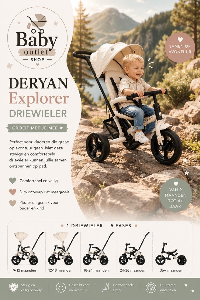 Deryan Explorer Driewieler -Duwstang - Opvouwbaar met mandje, Ophalen of Verzenden, Nieuw, 14 inch of minder, Deryan