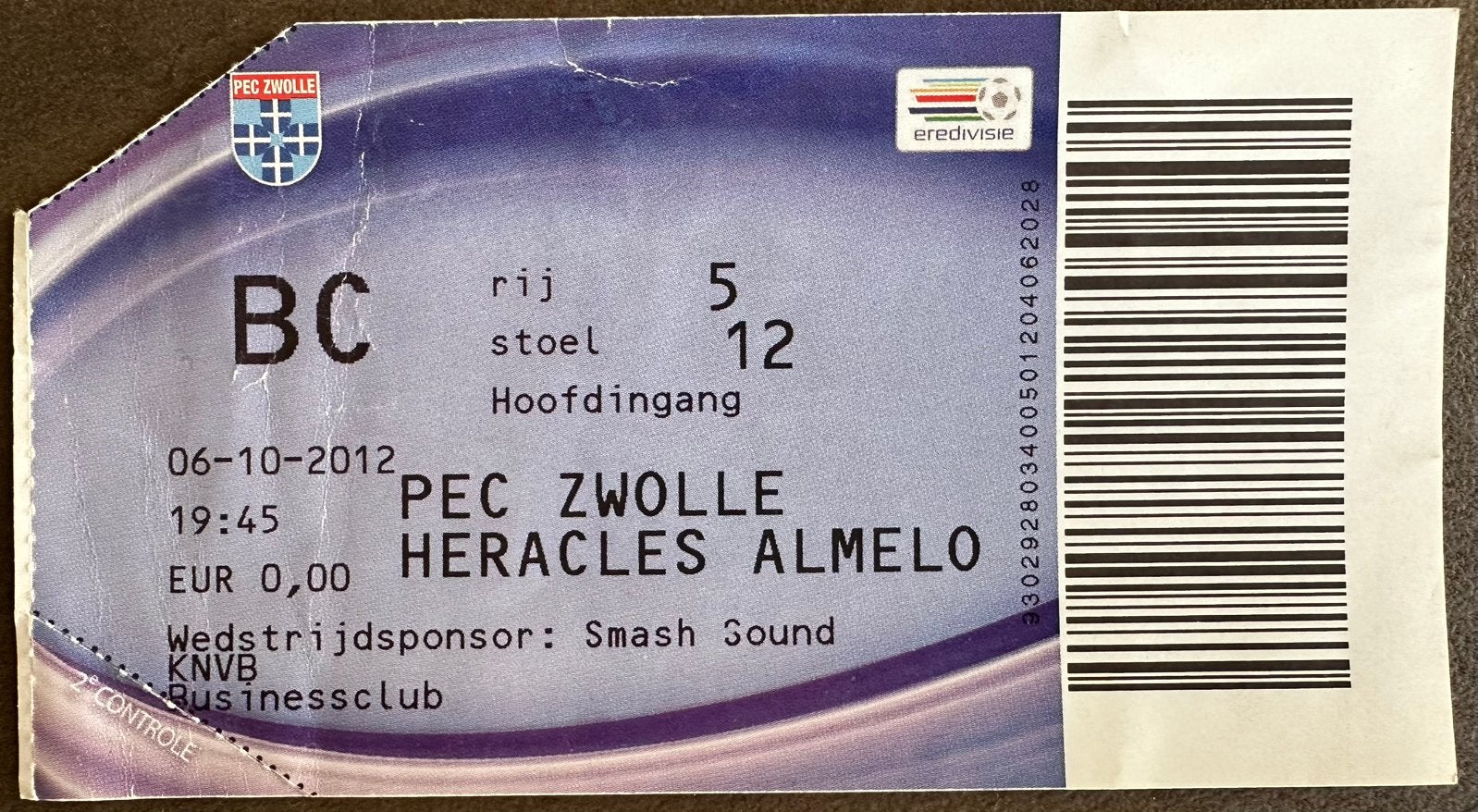 Ticket 12-13 PEC Zwolle - Heracles, Verzenden, Gebruikt, Overige binnenlandse clubs, Overige typen
