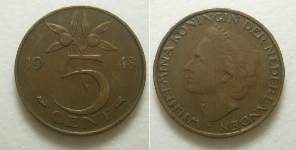 PD02625 Wilhelmina 5 cent 1948, Postzegels en Munten, Munten | Nederland, Ophalen of Verzenden, Koningin Wilhelmina, 5 cent, Losse munt