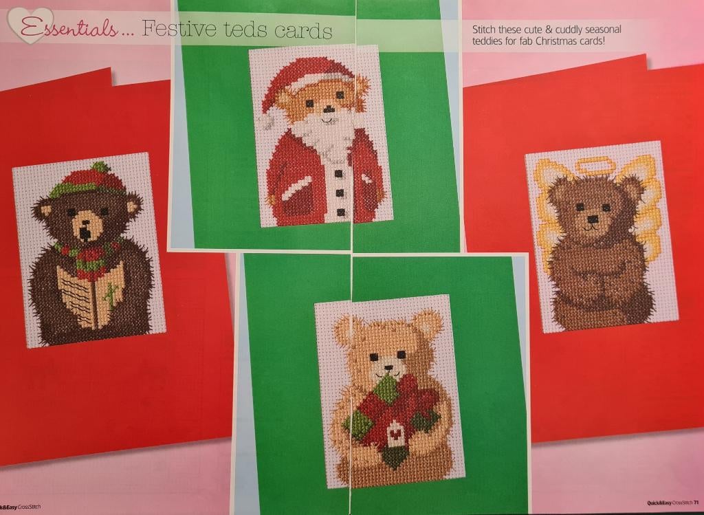 Teddyberen 4 Kerstkaarten borduurpatronen, Hobby en Vrije tijd, Ophalen, Nieuw, Handborduren, Patroon