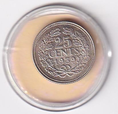 25 Cent 1939 Zeer Fraai met Patina uniek, Postzegels en Munten, Munten | Nederland, Verzenden, Zilver, 25 cent, Koningin Wilhelmina