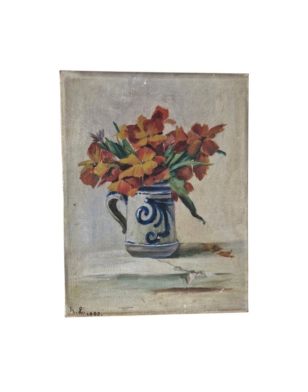 schilderij in lijst bloemen olieverf op doek Gesigneerd 1903, Bloemen, Doek, Ophalen of Verzenden, Gesigneerd