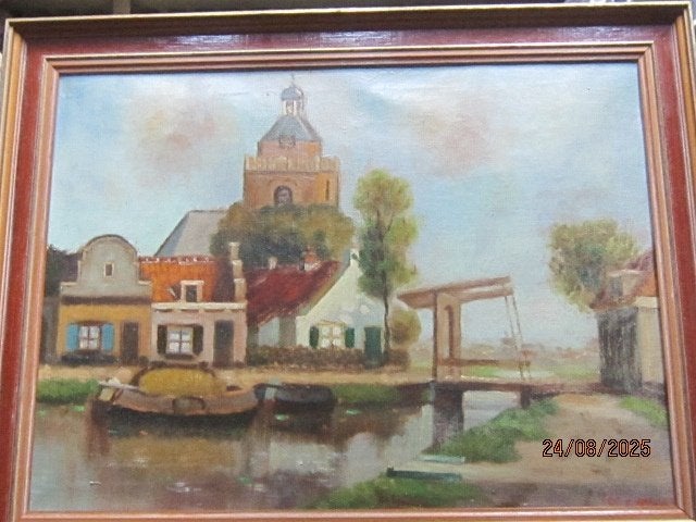 OUDEWATER ???Olieverf,Kerkje  beek, Klapbruggetje, Ophalen of Verzenden