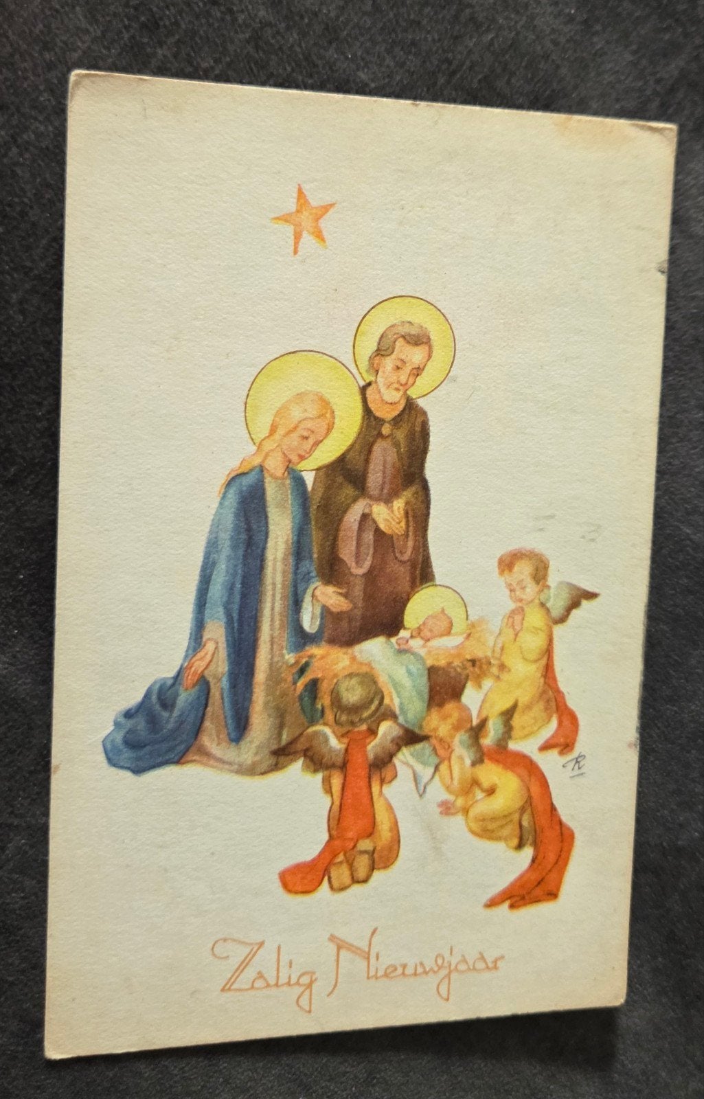 Oude Ansichtkaart: ZALIG NIEUWJAAR - Kerststal (1950), Verzamelen, Ansichtkaarten | Themakaarten, Verzenden, 1940 tot 1960, Gelopen