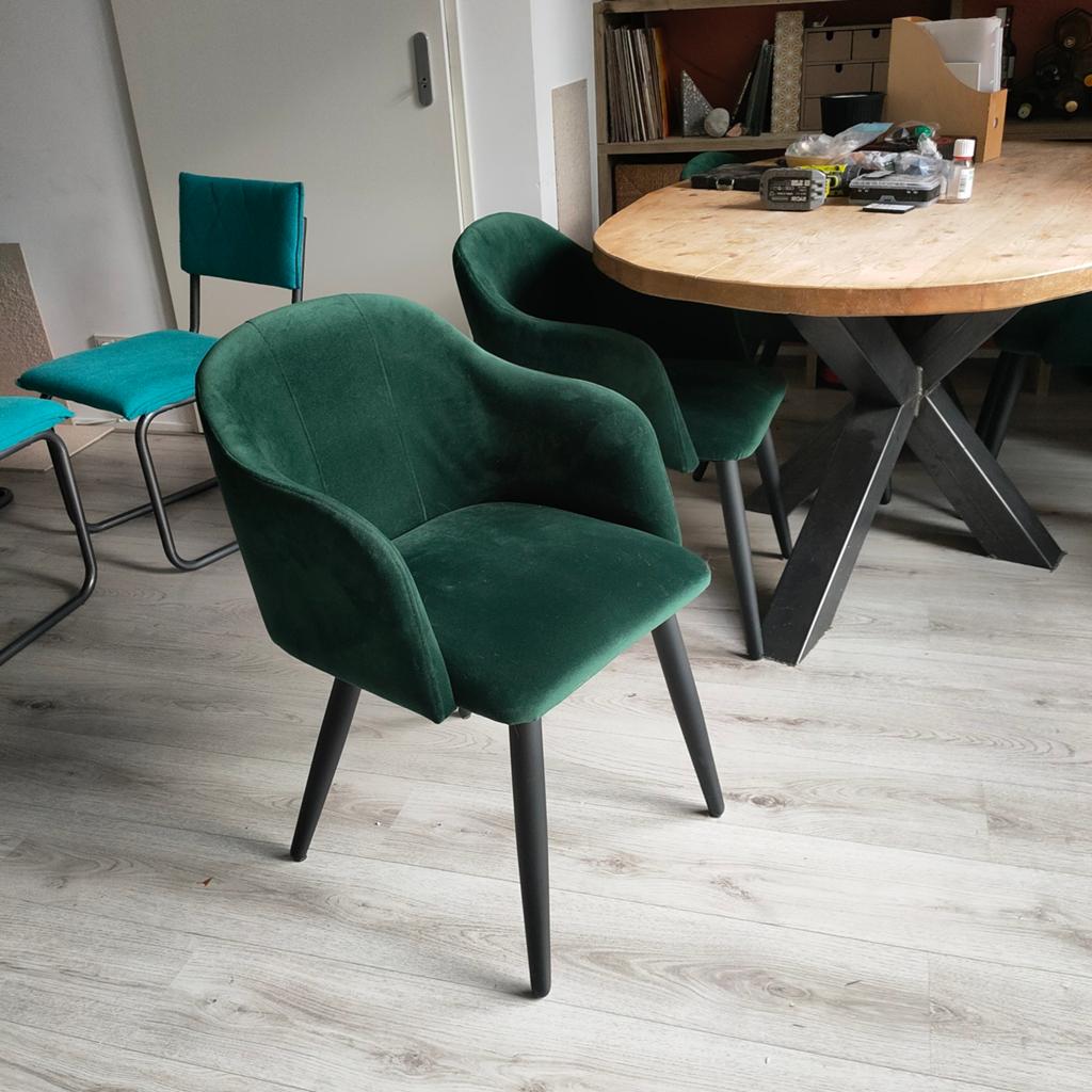 4x groen fluwelen kuipstoelen, Huis en Inrichting, Ophalen, Overige kleuren, Zo goed als nieuw, Landelijk modern kuipstoel