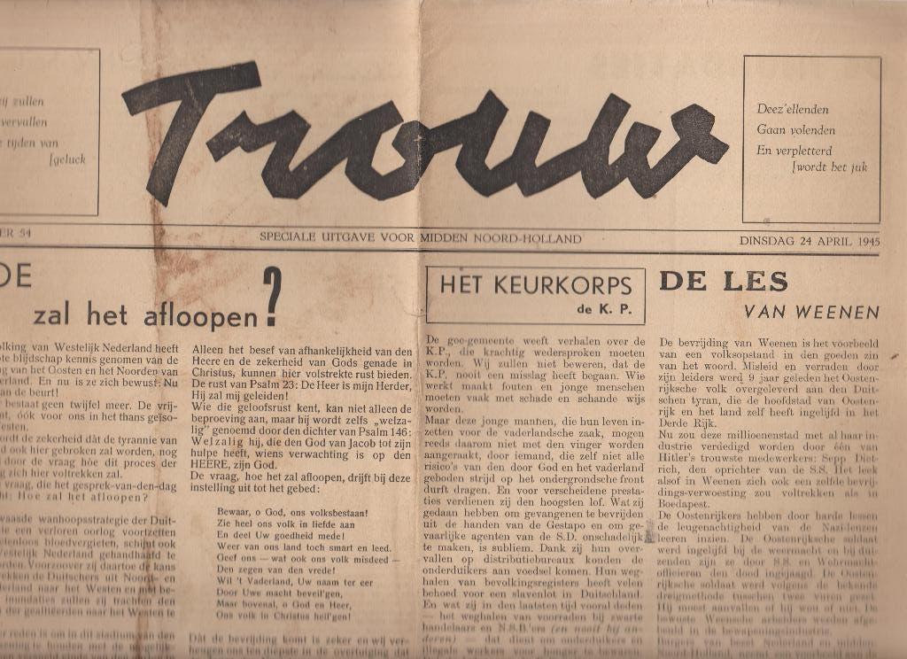 oorlog trouw 24 +27 april 1945 verzetskrant uitg midden N-H, Verzamelen, Tijdschriften, Kranten en Knipsels, Ophalen of Verzenden