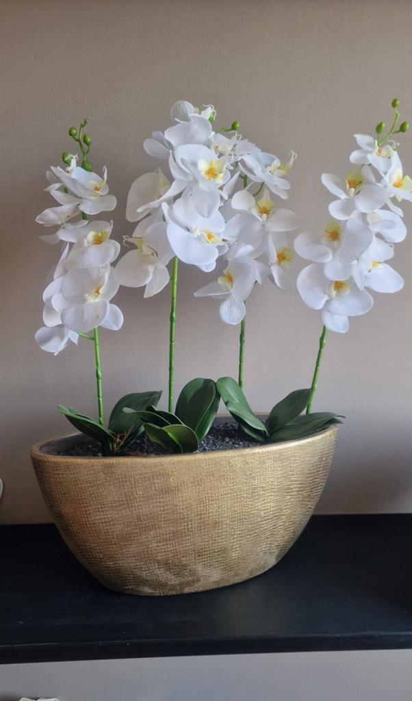 Vaas goud met orchideeën (kunstbloemen), Ophalen