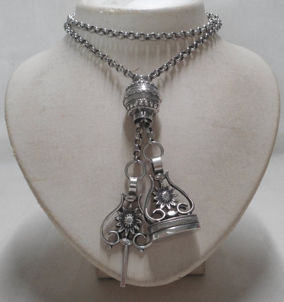 Zilveren jasseron met Cachet en horloge sleutel nr.2198, Sieraden, Tassen en Uiterlijk, Antieke sieraden, Verzenden, Zilver, Ketting