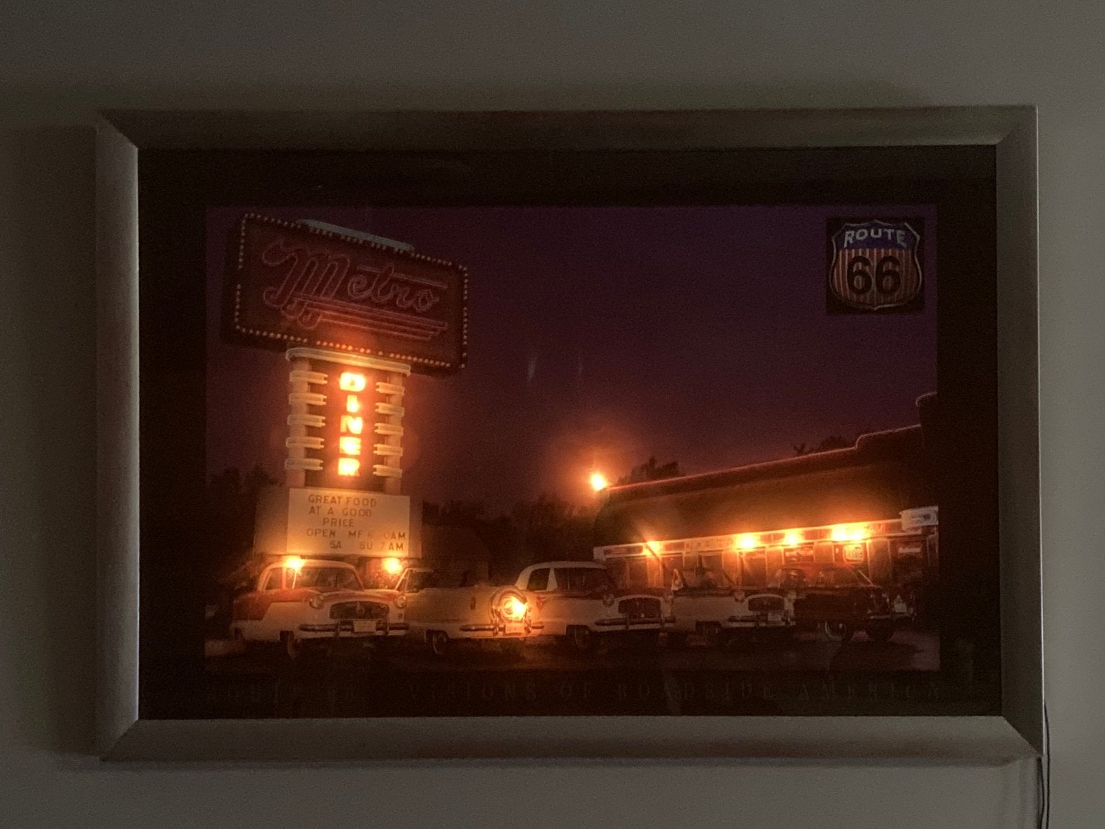 Prachtige retro lijst Route 66 met verlichting, Ophalen, Zo goed als nieuw, Schilderij, Minder dan 50 cm