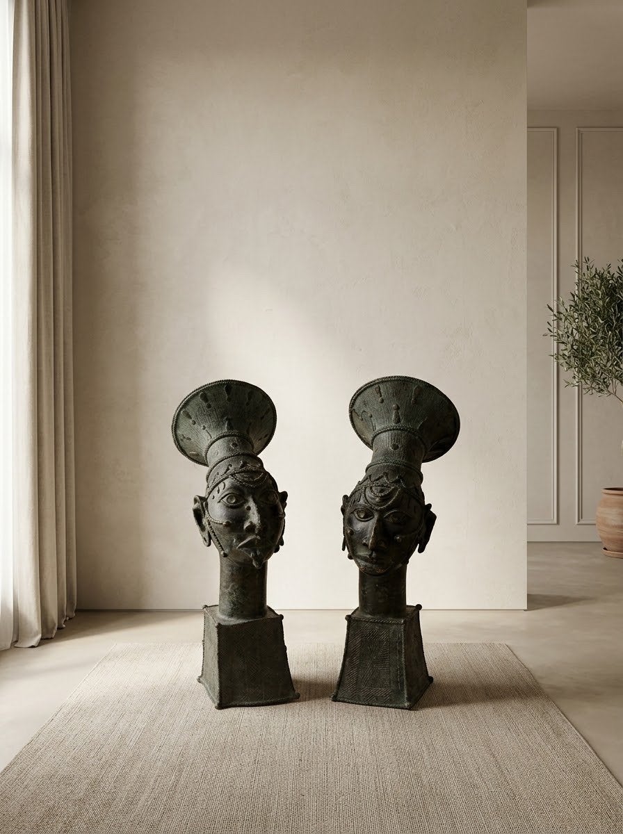 Antieke Afrikaanse Bronzen Beelden Set uit Benin, Bruin, Afrika, Handgemaakt, Ophalen of Verzenden