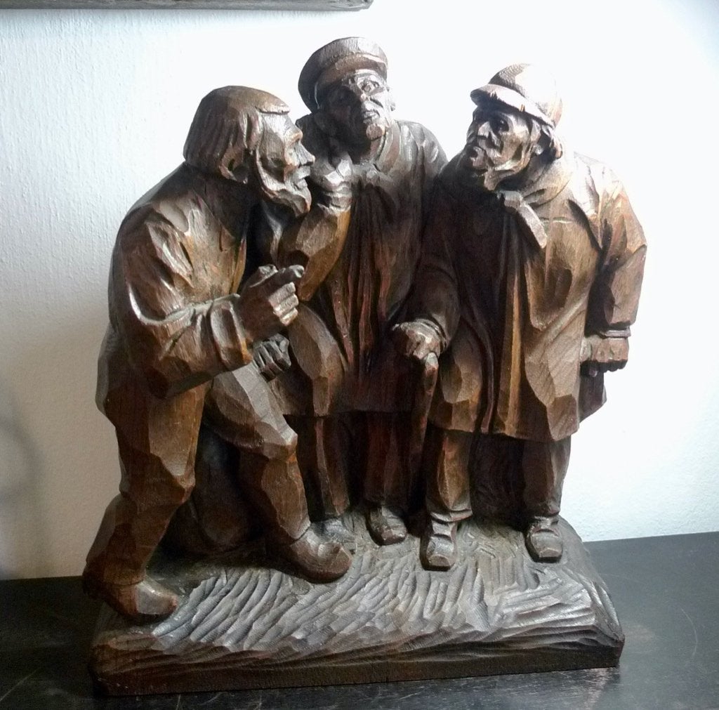 3 vissers eikenhout H Baumer gesigneerd, Ophalen of Verzenden, Handgemaakt, 20 - 50 cm, Beeld