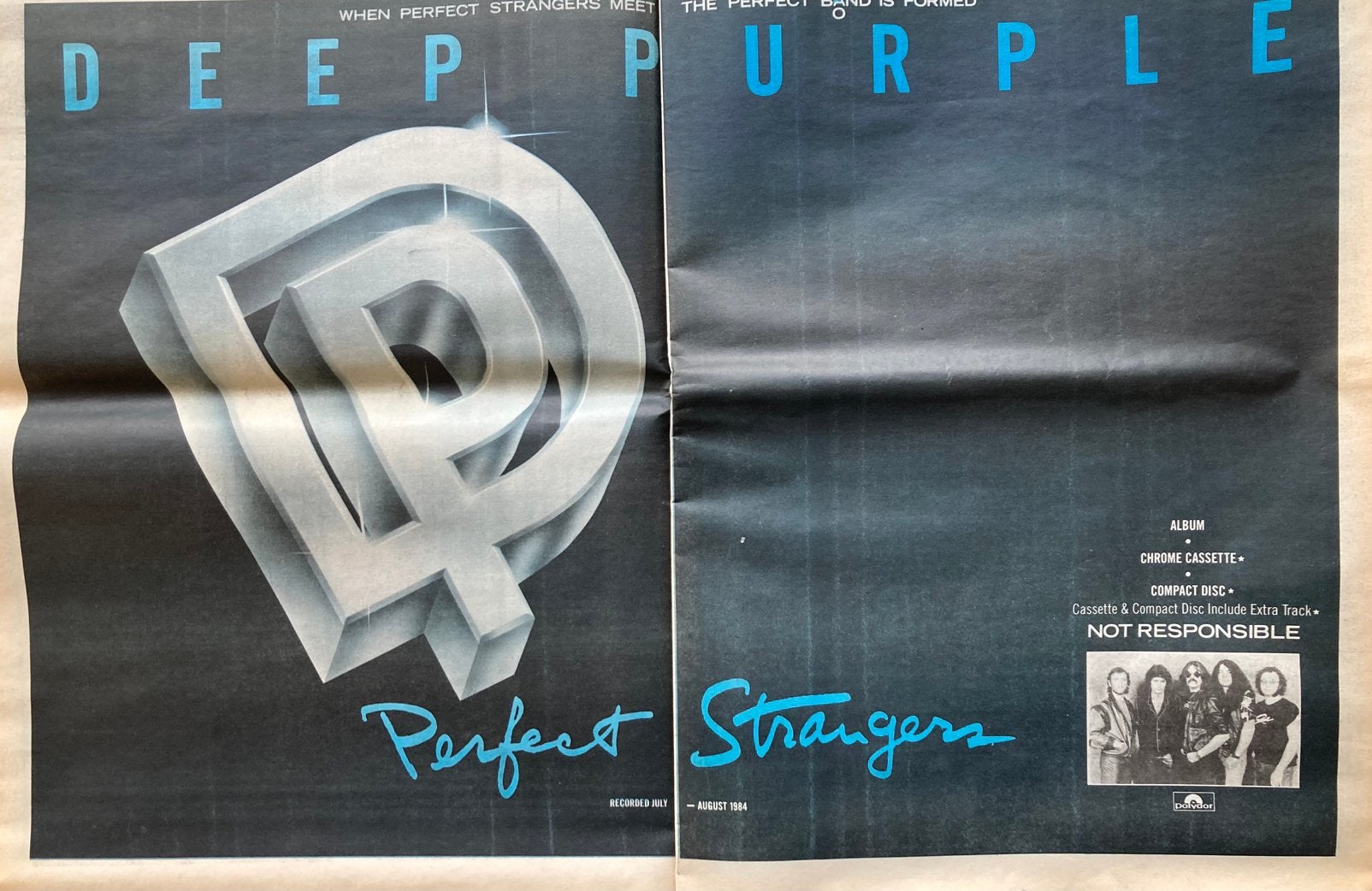Paginagrote 2x A3advertentie DEEP PURPLE Perfect Strangers, Ophalen of Verzenden, Zo goed als nieuw