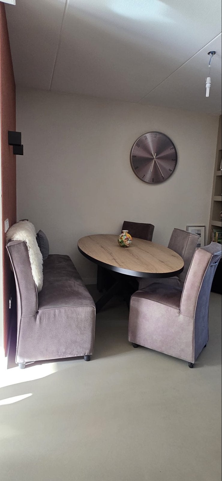 Moderne eethoek: bank, 3 stoelen en, eventueel, ovale tafel, Huis en Inrichting, Stoelen, Ophalen, Gebruikt, Drie, Stof