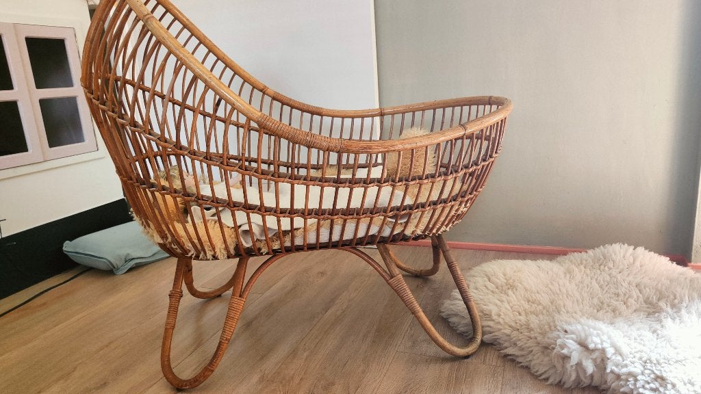 Wiegje rotan vintage + rotan kinderstoel, Ophalen, Gebruikt, Wieg