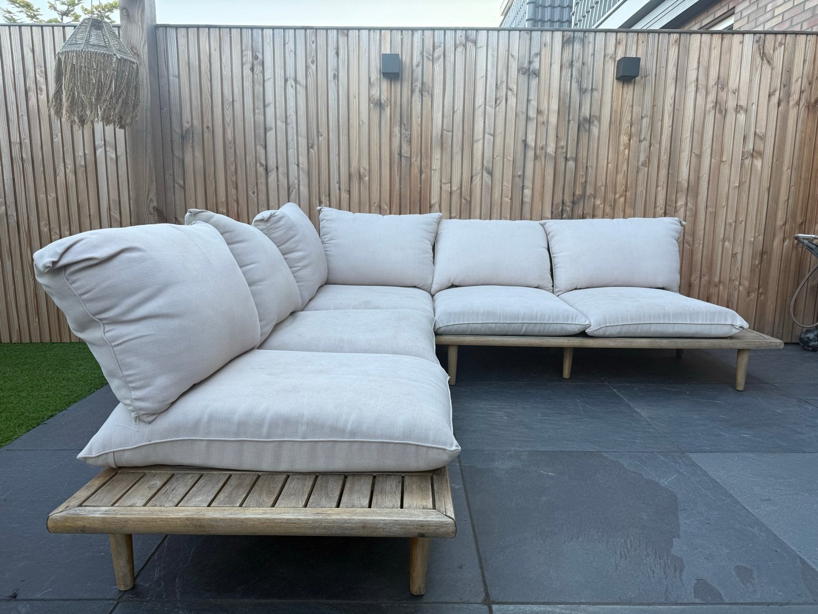Comfortabele houten loungeset met beige kussens, Ophalen, Gebruikt, Meer dan 8 zitplaatsen, Loungeset