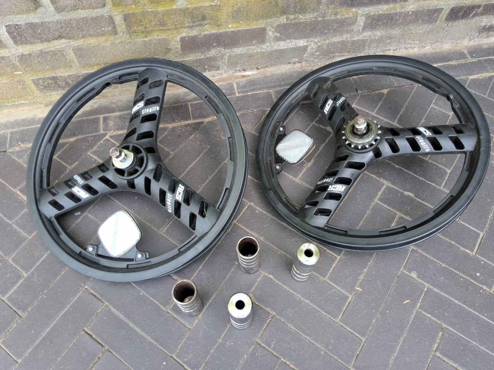 BMX wielset met pegs 3 spaken old school ACS Stealth 20 inch, Wiel, Kunststof, Ophalen of Verzenden, Gebruikt