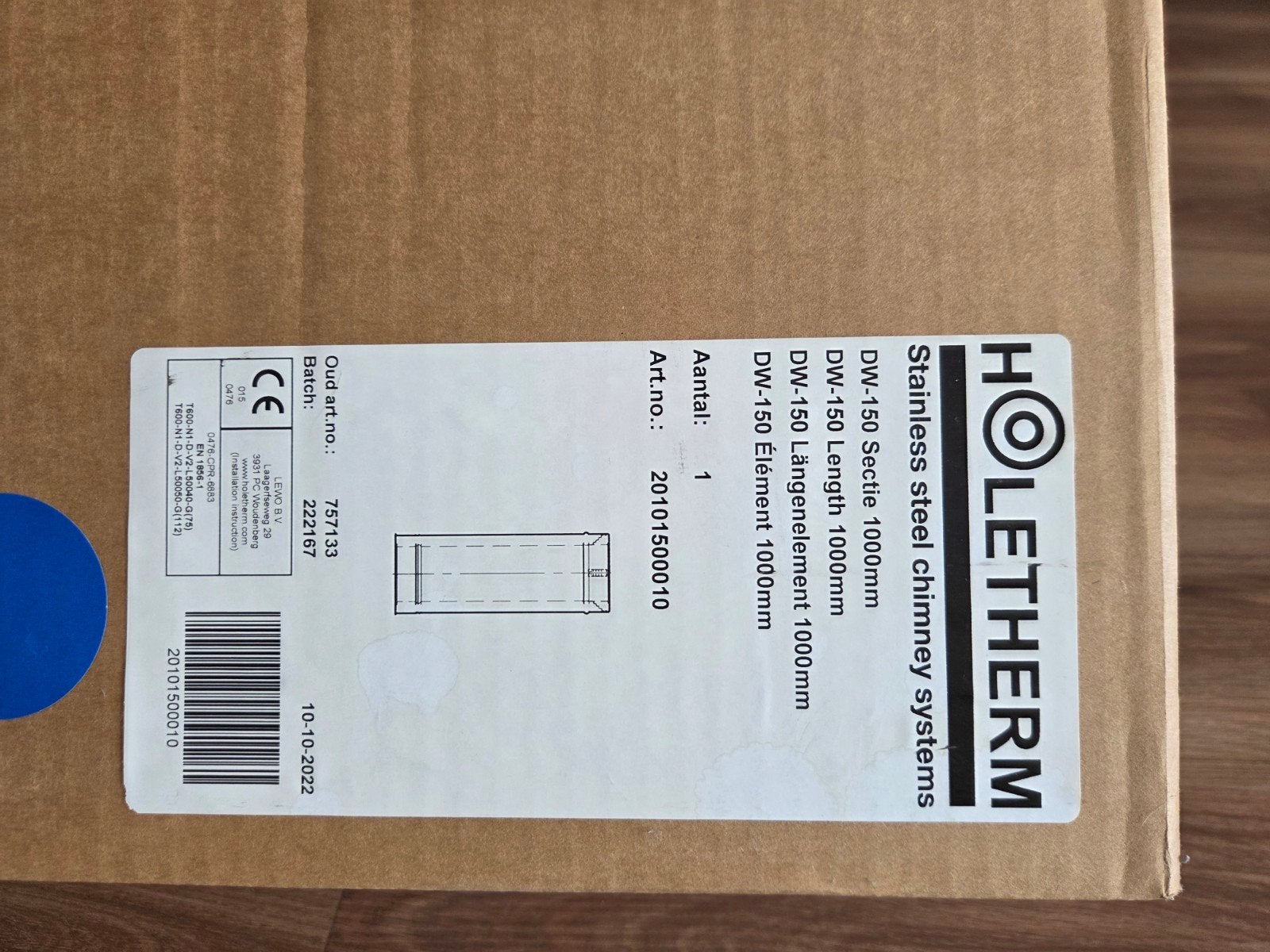 Holethem RVS dubbelwandig rookkanaal DW-150, 1000mm, Ophalen, Minder dan 60 cm, 80 cm of meer, Kachel