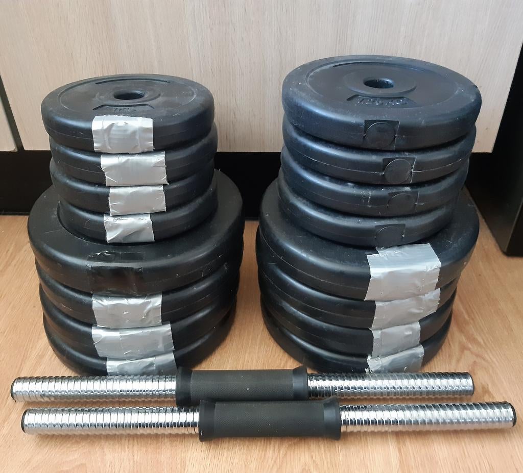 Halterschijven + Dumbell Stangen 29 Kilo, Ophalen, Benen, Halterset