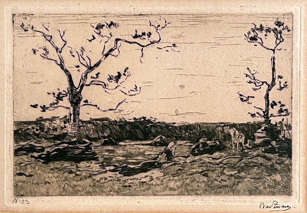 Ets Willem de Zwart (1862-1931) Houthakkers 1924 gesigneerd, Ets, Ophalen of Verzenden, 12 cm, Origineel