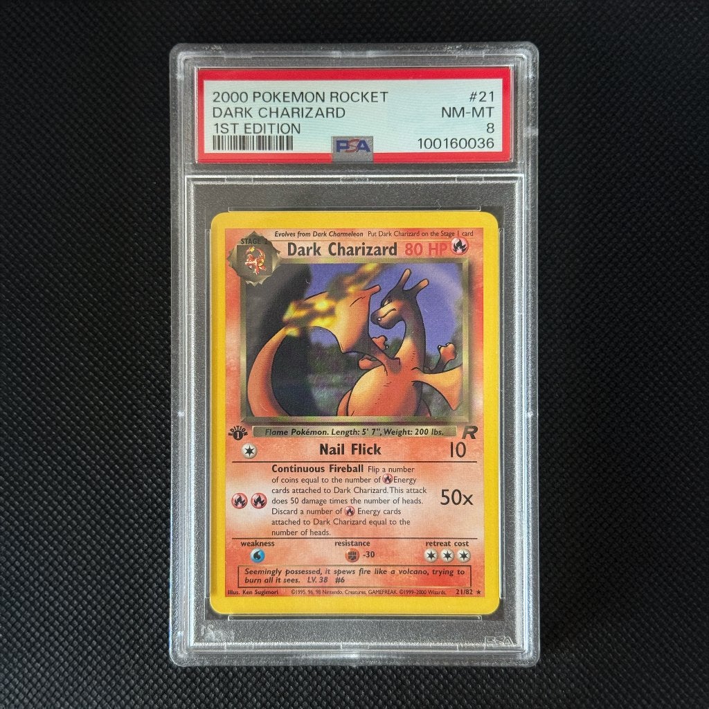 Dark Charizard 1st Edition #21 PSA 8 – Team Rocket, Ophalen, Zo goed als nieuw, Losse kaart