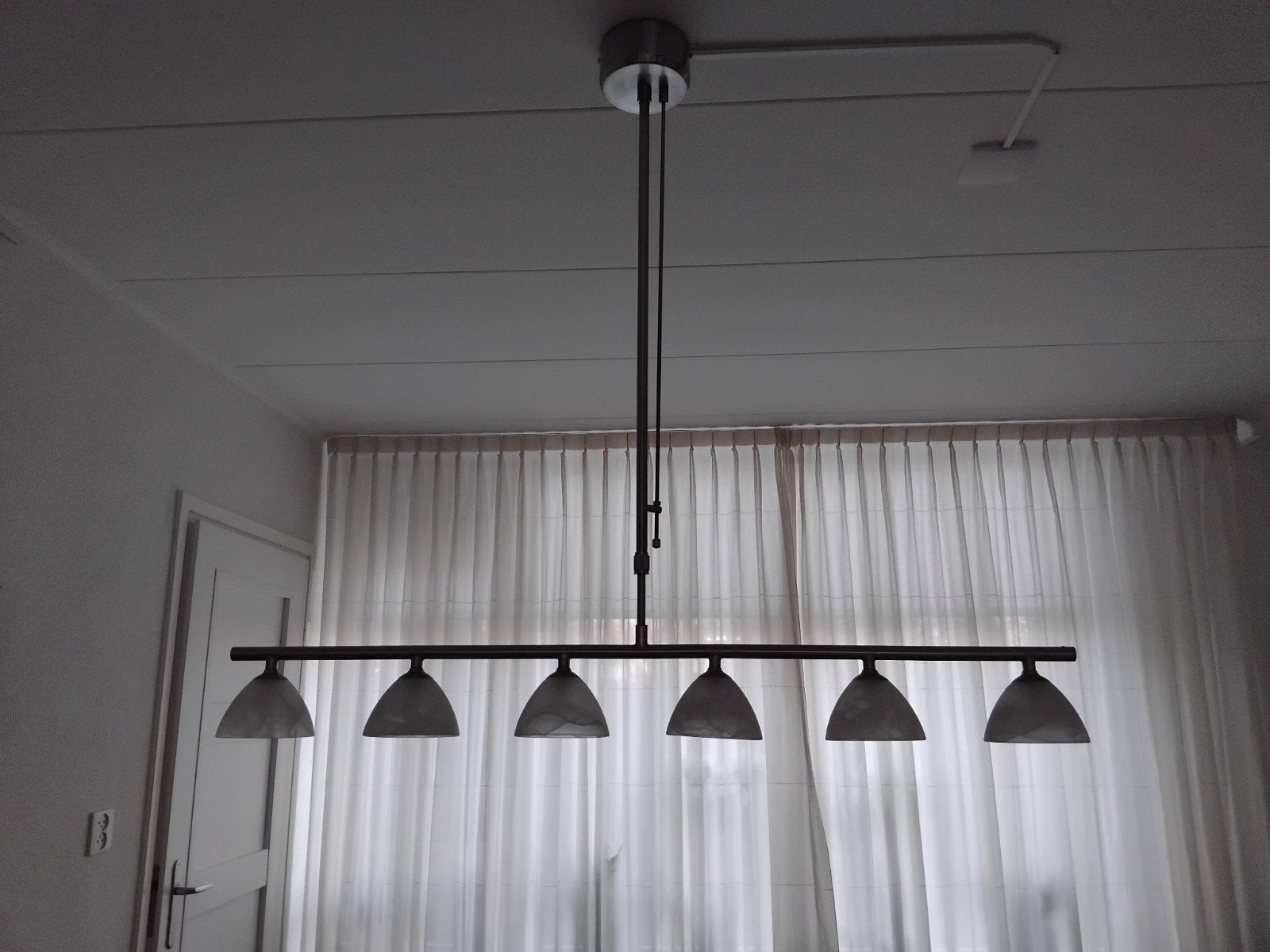 dimbare hanglamp met 6 glazen kappen, Ophalen, Gebruikt, Glas, Minder dan 100 cm