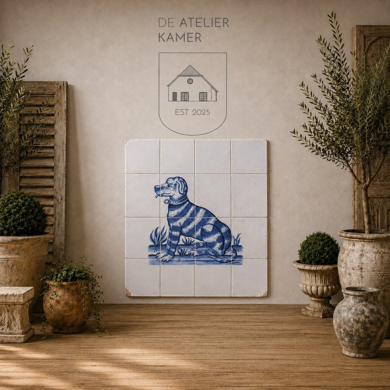 Antiek Delfts tegelplateau met hond, Tichelaar Makkum, Antiek en Kunst, Ophalen of Verzenden