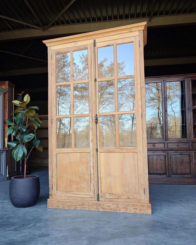 Hoge franse vitrinekast | Espagnolet sluitingen - Teak #2731, Niet ingevuld, 100 tot 150 cm, 200 cm of meer, Niet ingevuld