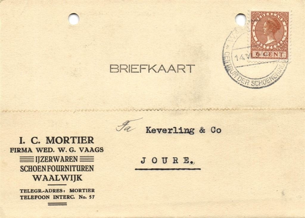 I.C. Mortier, Waalwijk - 06.1934 - briefkaart, Postzegels en Munten, Ophalen of Verzenden, Briefkaart