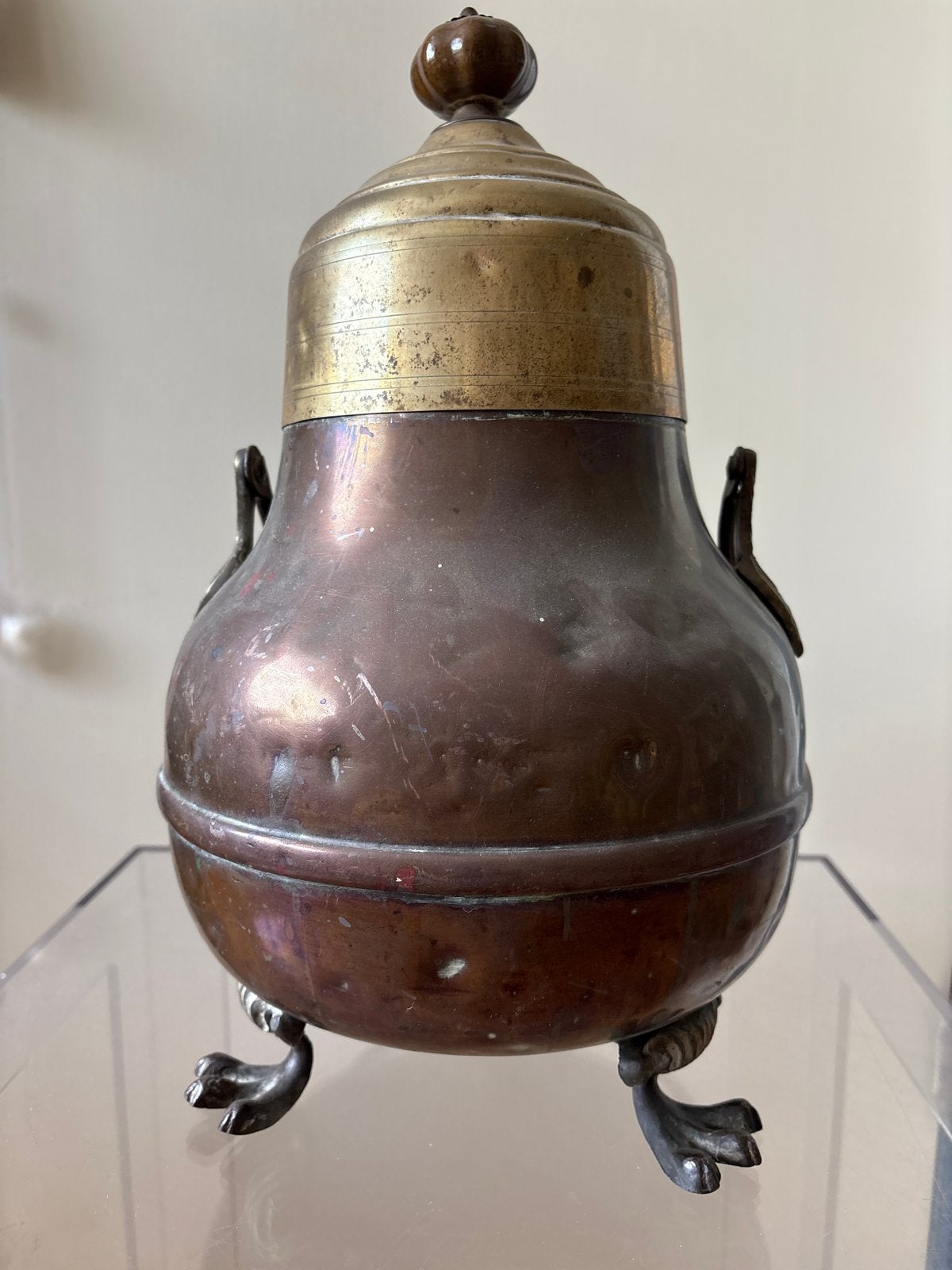 Antieke Koperen Pot met Bronzen Deksel en Klauwpoten, Antiek en Kunst, Antiek | Koper en Brons, Ophalen of Verzenden, Koper