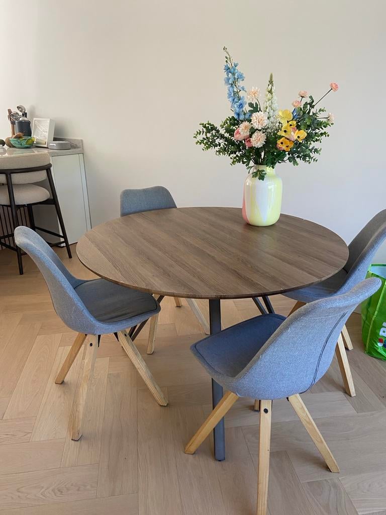 Ronde houtlook tafel 120cm met 3 metalen poten, Huis en Inrichting, Tafels | Eettafels, Ophalen, Rond, Zo goed als nieuw, Metaal