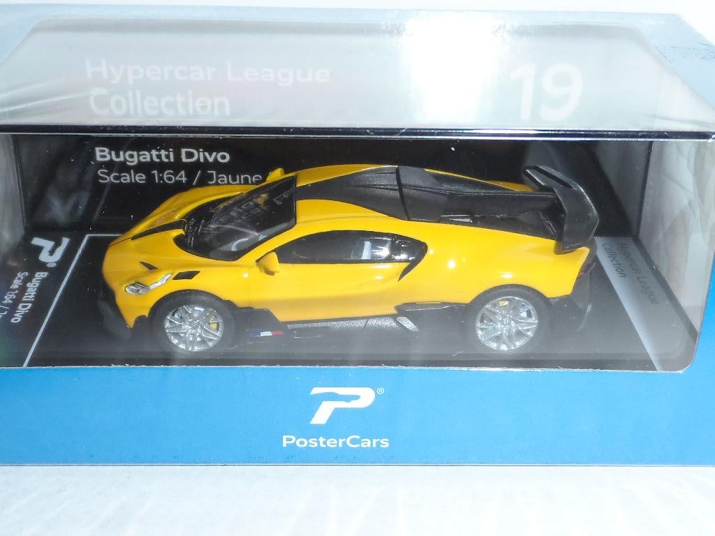 Postercars - Bugatti Divo (geel) 1:64, Hobby en Vrije tijd, Modelauto's | Overige schalen, Nieuw, Auto, Ophalen of Verzenden