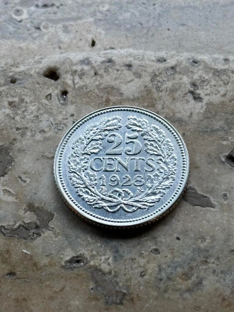 25 cent 1928 Wilhelmina , hoge kwaliteit, Zilver, 25 cent, Ophalen of Verzenden, Koningin Wilhelmina