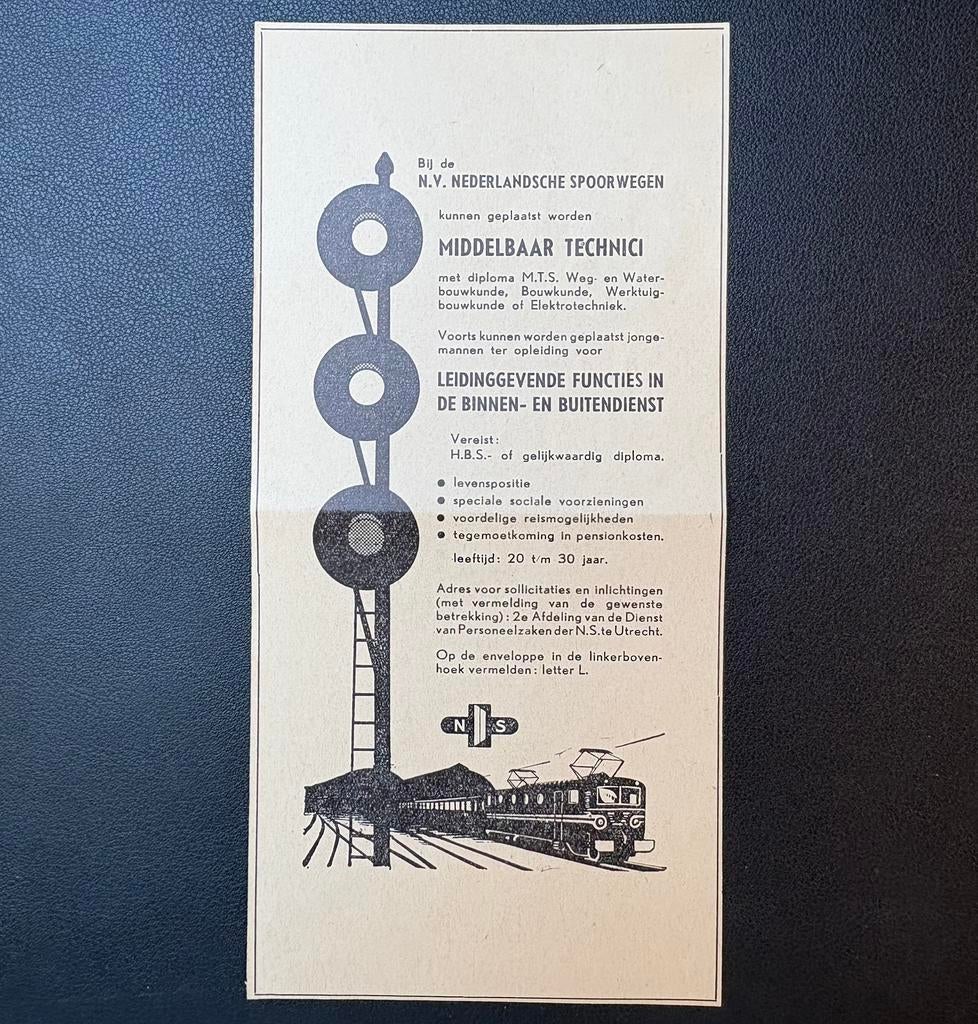 Oude vacature NS ‘Middelbaar technici’ (1956), Ophalen of Verzenden, Gebruikt, Trein