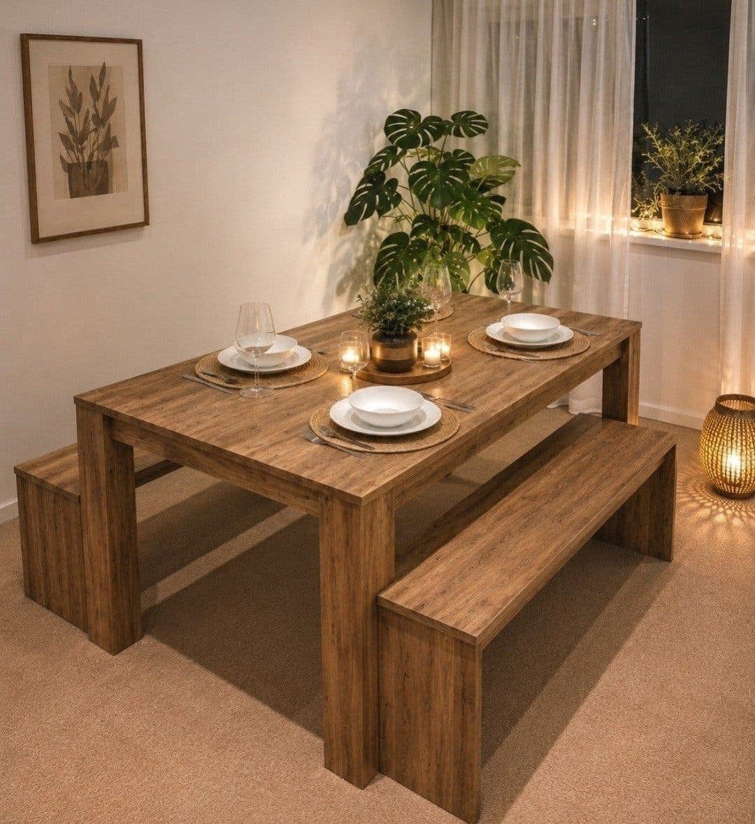 Eettafel met twee banken - Houtkleurig, Ophalen, Modern, Scandinavisch, 50 tot 100 cm, Zo goed als nieuw