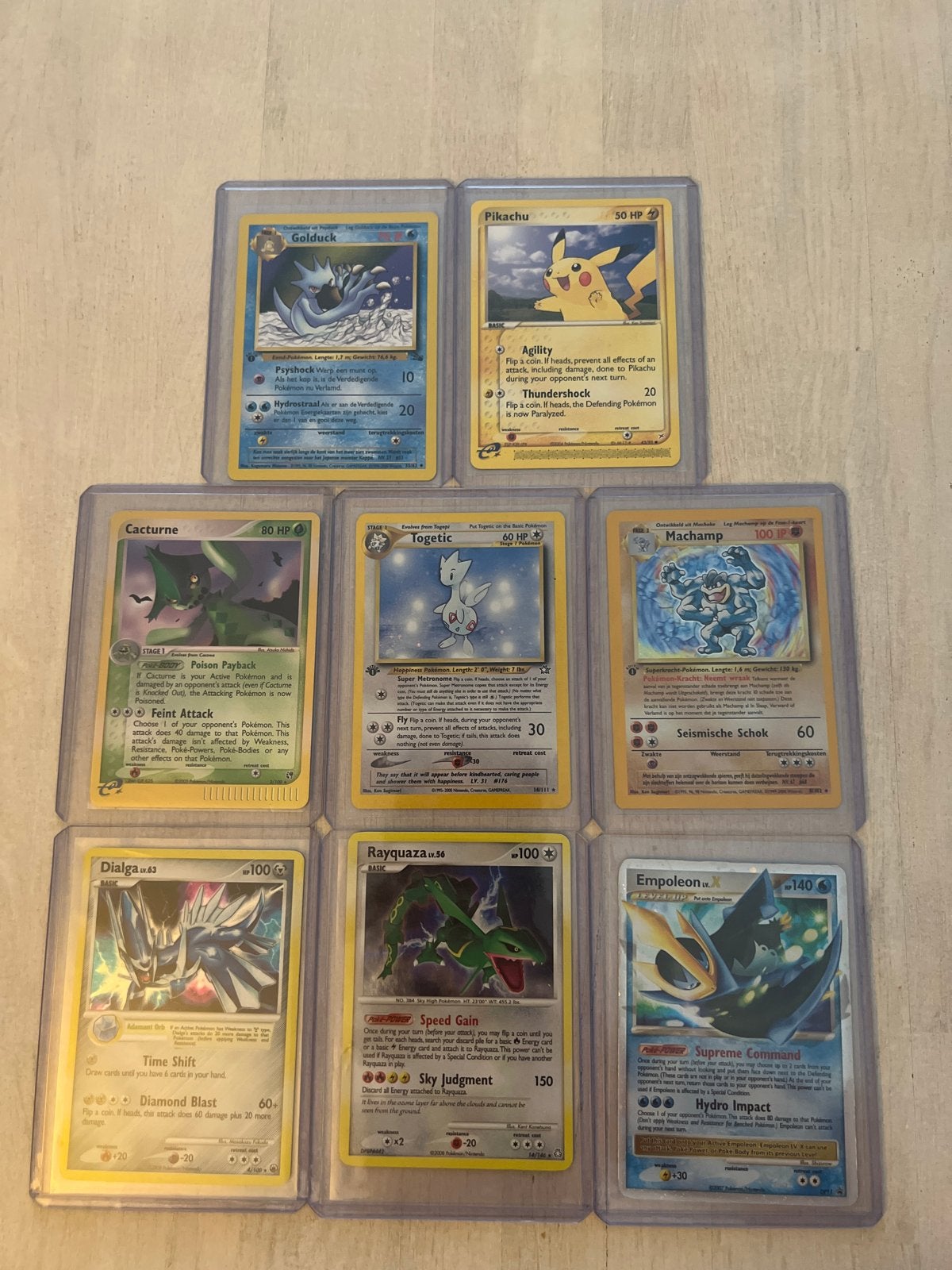 Pokémon kaarten set - Goldduck, Pikachu, Rayquaza, Machamp, Ophalen of Verzenden, Gebruikt, Meerdere kaarten