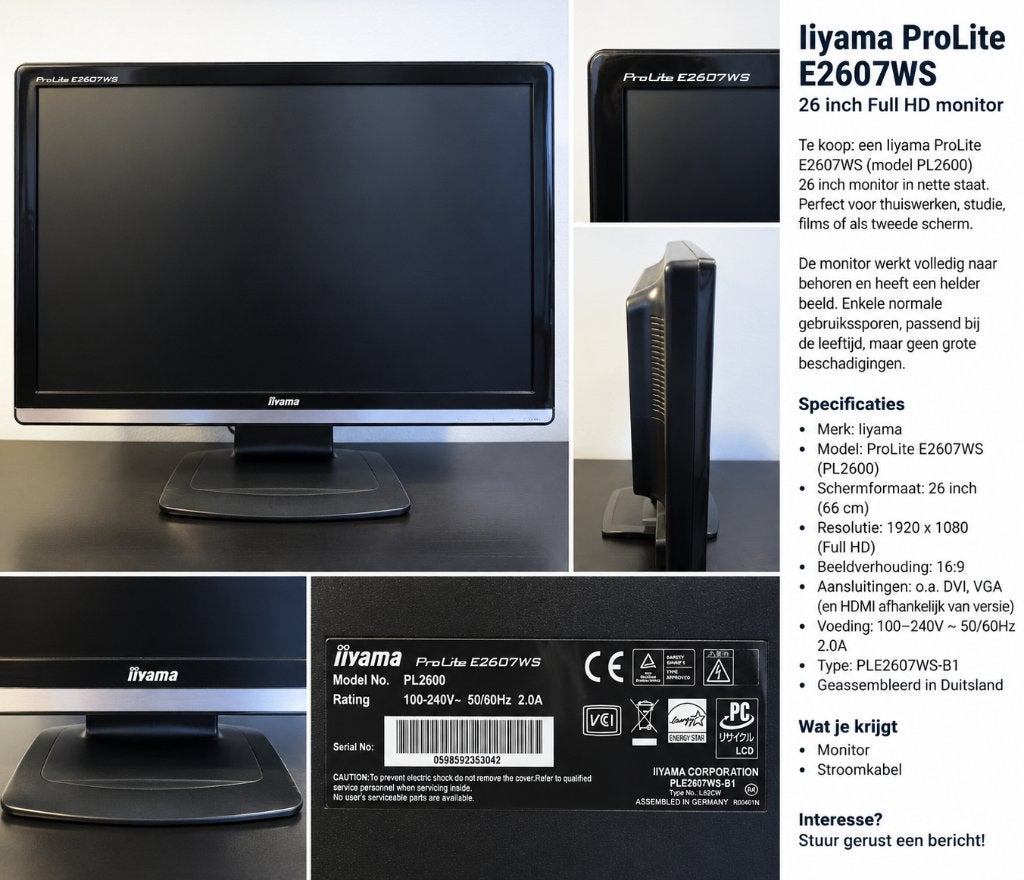 Iiyama ProLite E2607WS 26 inch, 1920x1200 HDMI/DVI/VGA, Gaming, DVI, Gebruikt, Full HD