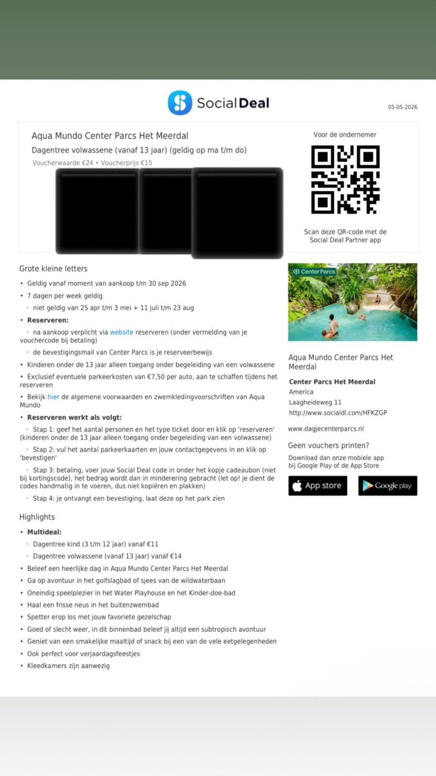 2x Aqua mundo Meerdal - centerparcs voucher, Twee personen, Ticket of Toegangskaart