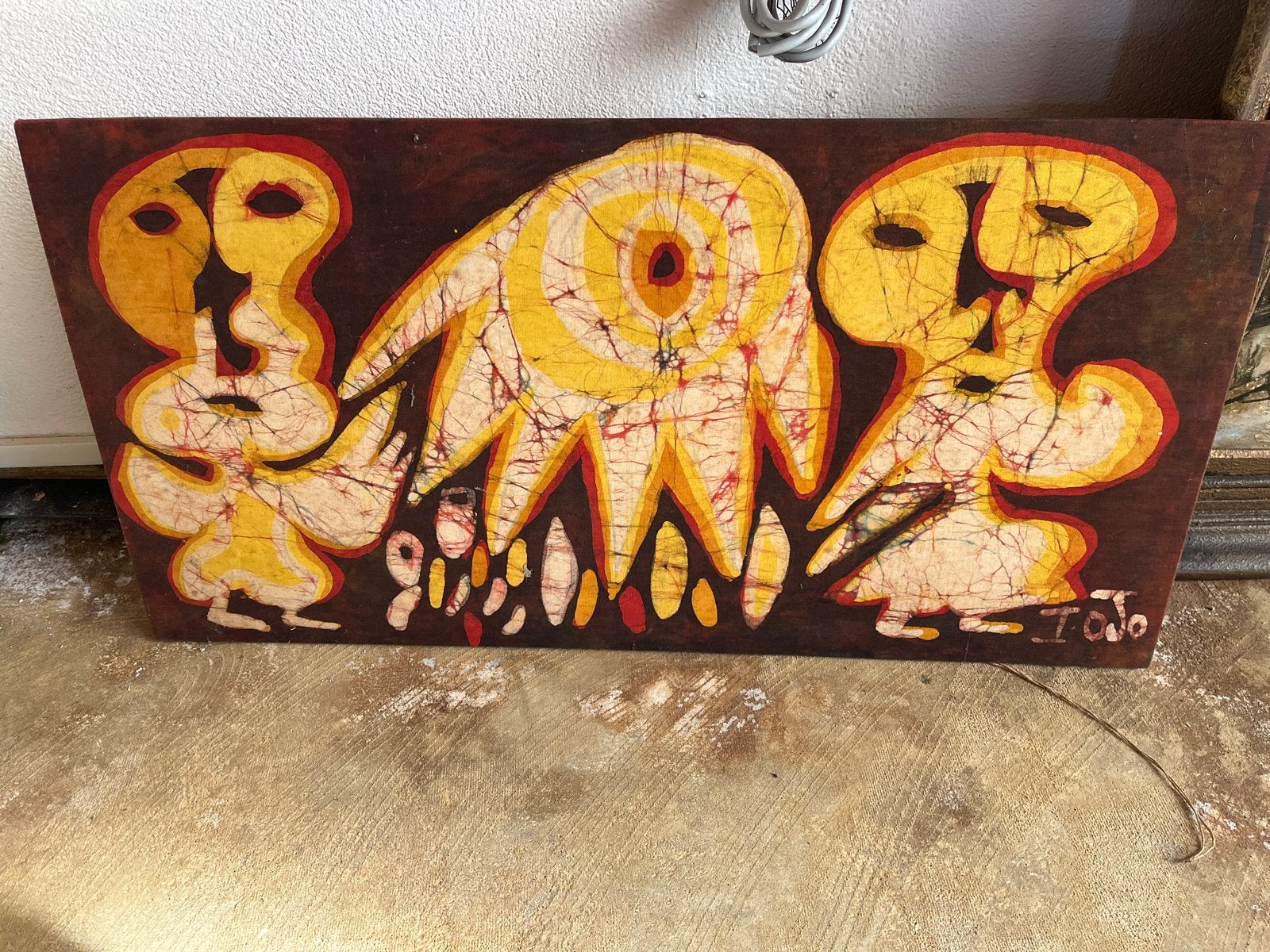 Uniek Batik Schilderij: Abstracte Figuren op Doek, Antiek en Kunst, Kunst | Niet-Westerse kunst, Ophalen, Handgemaakt, Meerkleurig