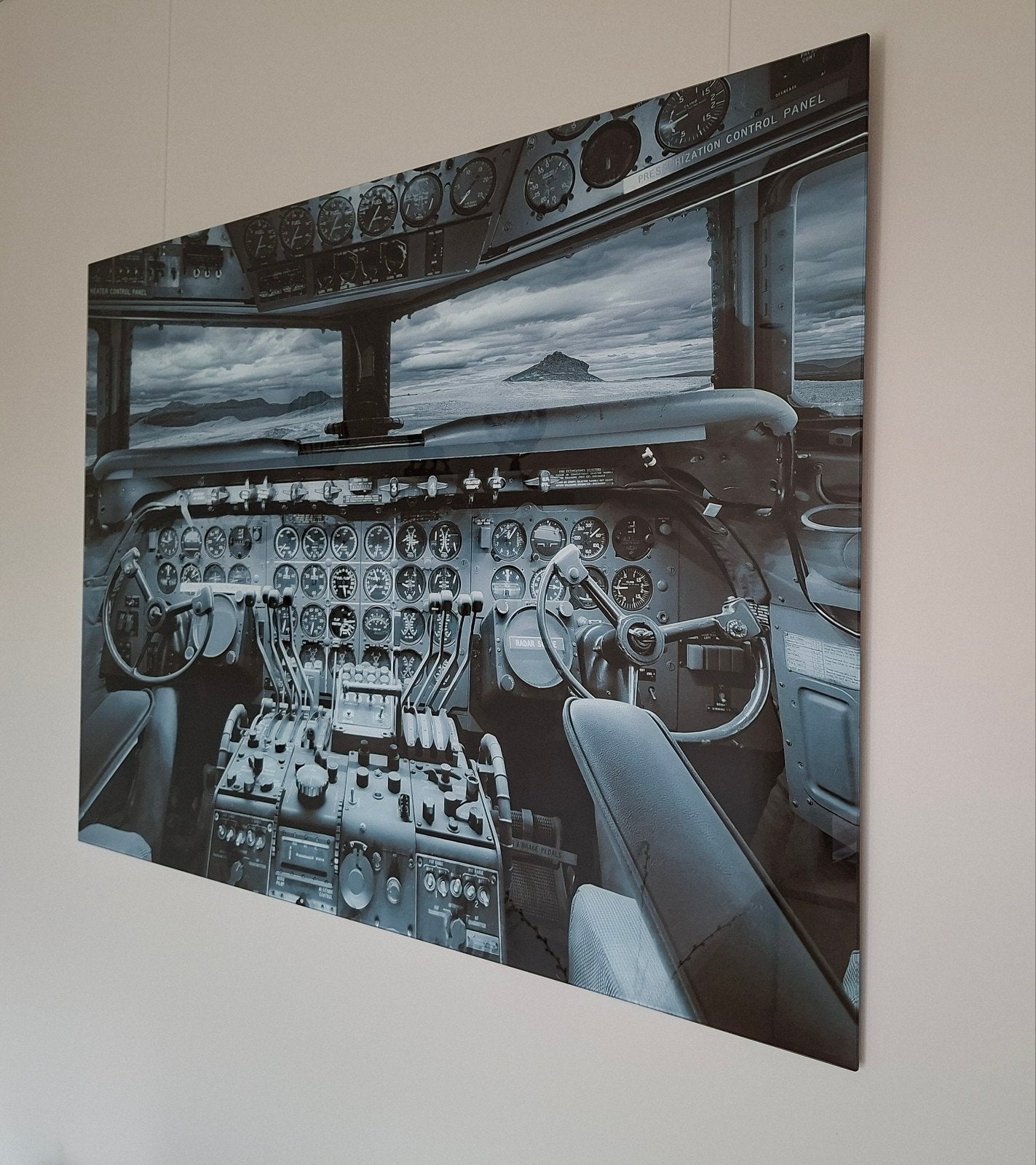 Glasschilderij vliegtuigcockpit: 120 x 80 cm, Antiek en Kunst, Kunst | Schilderijen | Modern, Glas, Achter glas, Overige technieken