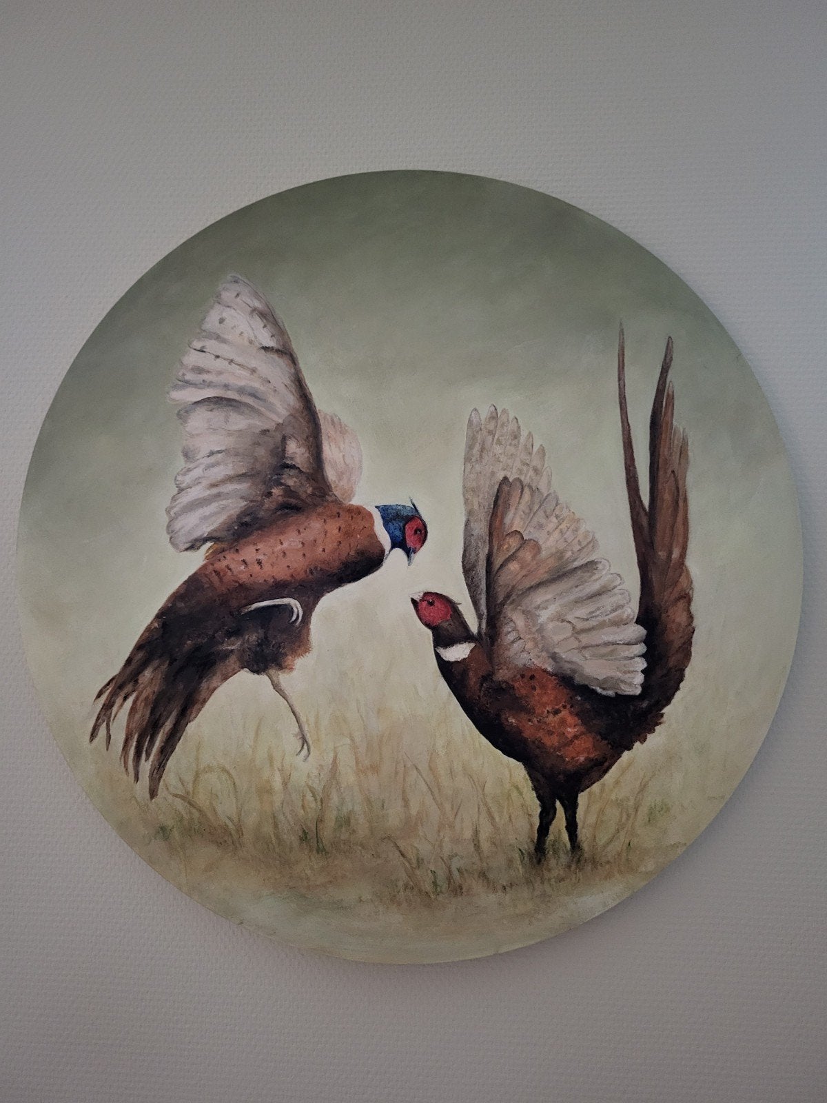 Rond schilderij VERKOCHT !!  koppel fazanten, Ophalen of Verzenden, Nieuw, 50 tot 75 cm, Schilderij