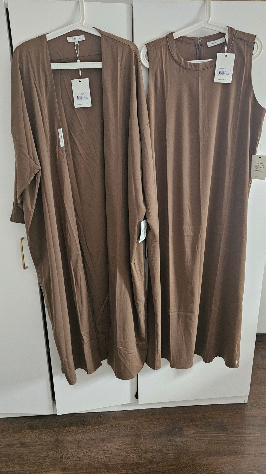 Merrachi Woven Abaya & Sleeveless Dress Short - Dark Terra, Bruin, Maat 42/44 (L), Nieuw, Ophalen of Verzenden