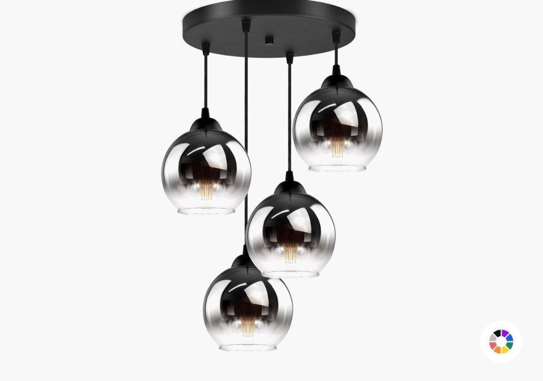Industriële hanglamp met 4 smoke grafiet glazen bollen, Ophalen, Zo goed als nieuw, Glas, Industrieel