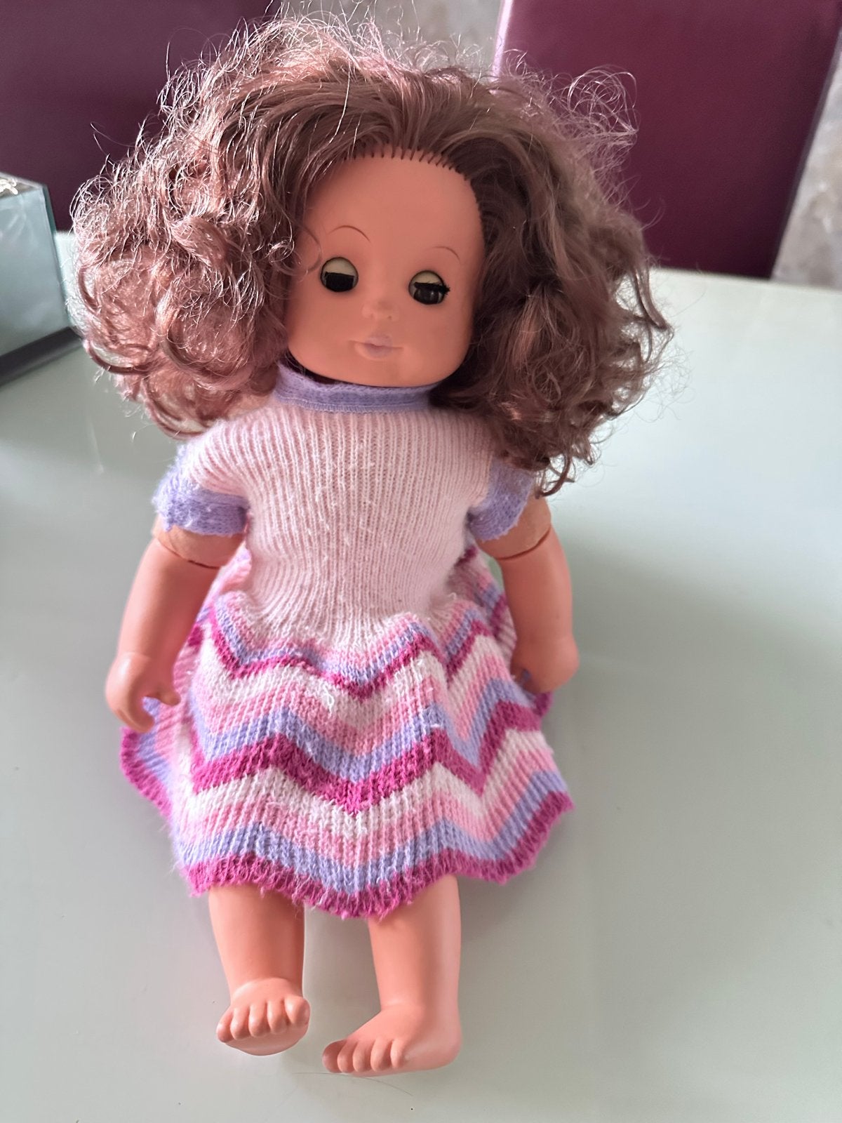 Vintage pop met gebreide jurk - 40 cm, Ophalen of Verzenden, Gebruikt, Overige typen